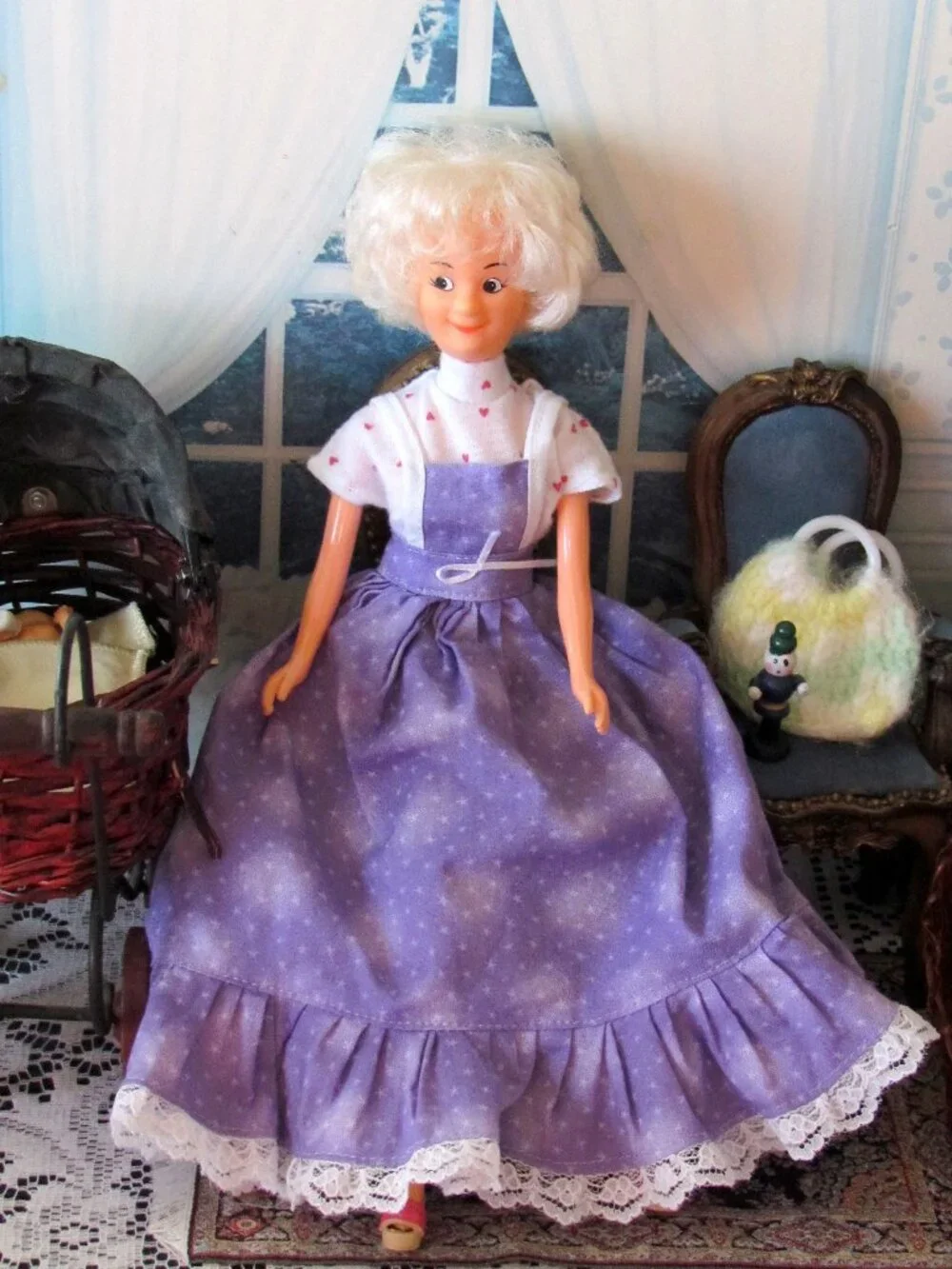 GRANDMA DOLL, BABY, VINTAGE BUGGY, CLOTHES, WOVEN BABY BASKET, BARBIE SIZE GRAM